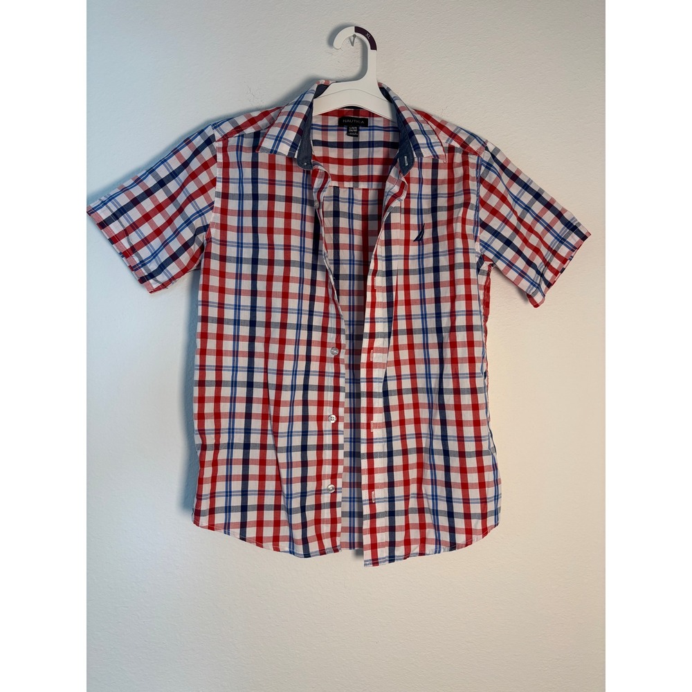 Nautica Boys Large 14/16 Plaid Button Down Shirt Red White Blue Short Sleeve